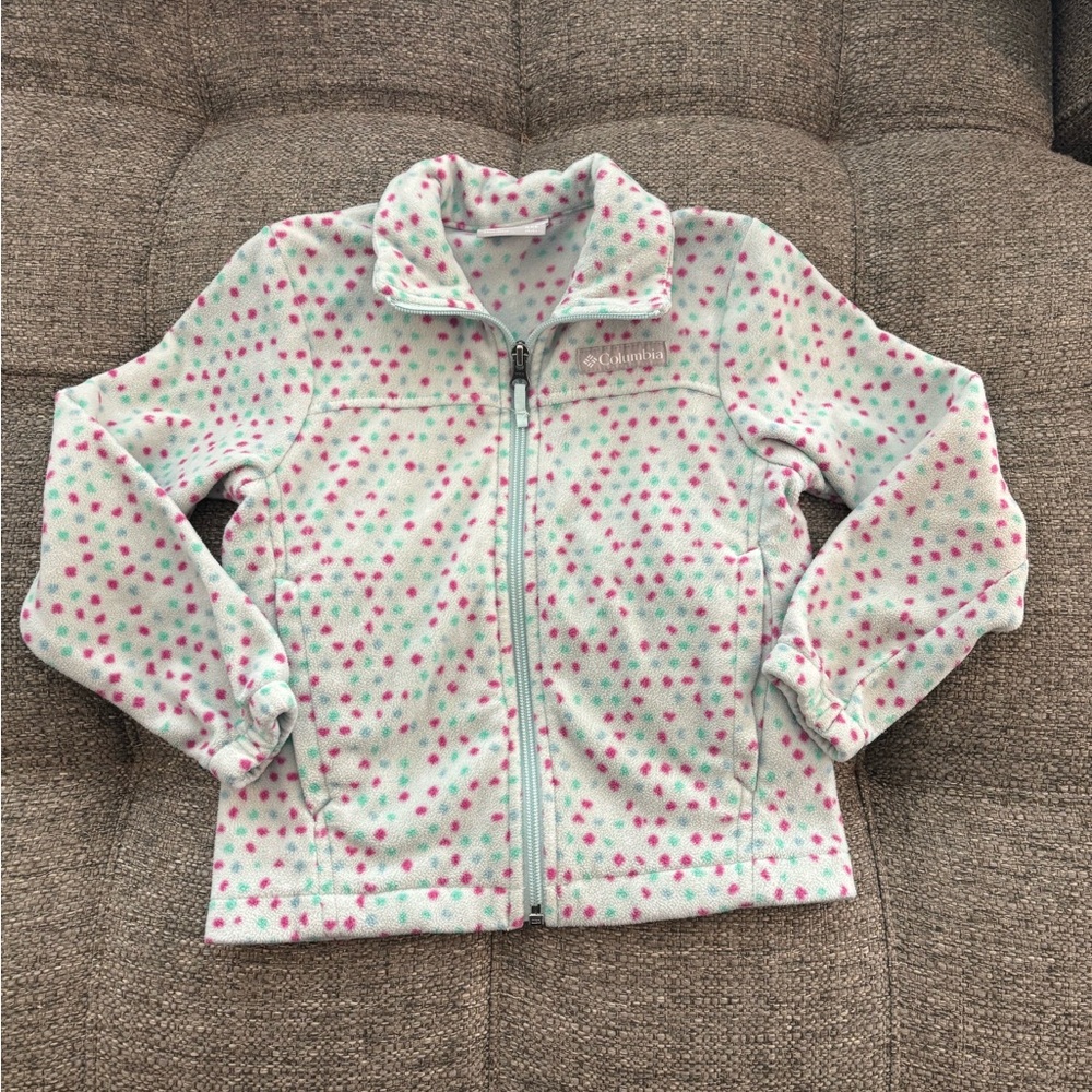 Columbia Fleece Jacket- Like New- Pink/Green Polka Dot- Zip-Up- XS(4/5)